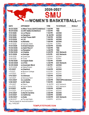 2025-26 Printable SMU Mustangs Women's Basketball Schedule