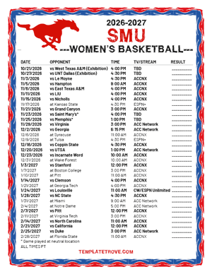 SMU Mustangs women's basketball 2026-27 Printable Schedule - Pacific Times