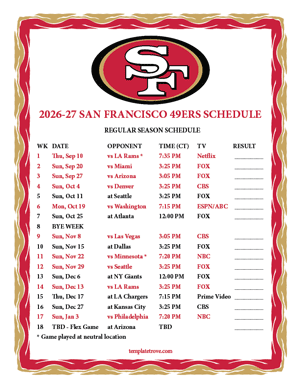 San Francisco 49ers 2026-27
Printable Schedule - Central Times