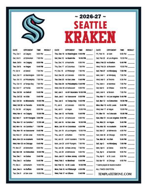 Seattle Kraken 2026-27 Printable Schedule