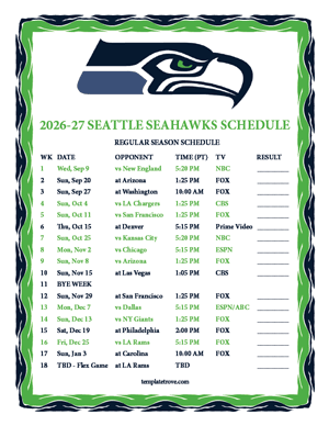 Seattle Seahawks 2026-27
Printable Schedule - Pacific Times