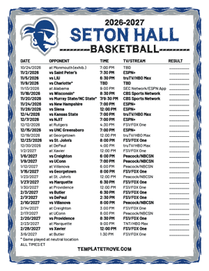 2024-25 Printable Seton Hall Pirates Basketball Schedule