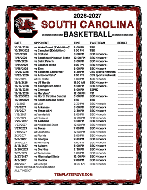 South Carolina Gamecocks Basketball 2026-27 Printable Schedule - Central Times