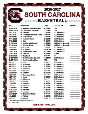 2024-25 Printable South Carolina Gamecocks Basketball Schedule