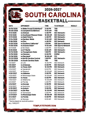 South Carolina Gamecocks Basketball 2026-27 Printable Schedule - Pacific Times