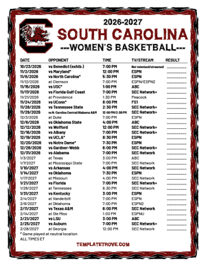 2024-25 Printable South Carolina Gamecocks Women's Basketball Schedule