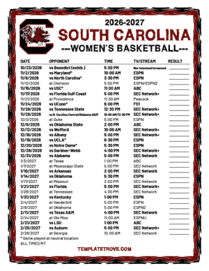 South Carolina Gamecocks women's basketball 2026-27 Printable Schedule - Mountain Times