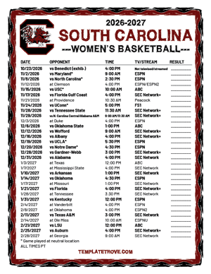 South Carolina Gamecocks women's basketball 2026-27 Printable Schedule - Pacific Times
