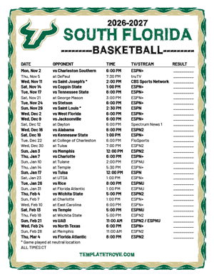 South Florida Bulls Basketball 2026-27 Printable Schedule - Central Times