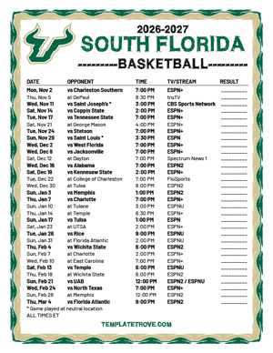 2024-25 Printable South Florida Bulls Basketball Schedule