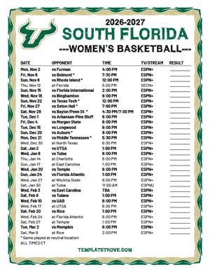 South Florida Bulls women's basketball 2026-27 Printable Schedule - Central Times