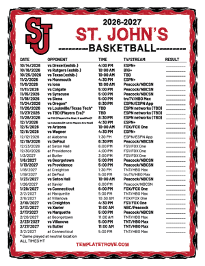 St. John's Red Storm Basketball 2026-27 Printable Schedule - Mountain Times