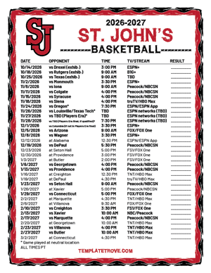 St. John's Red Storm Basketball 2026-27 Printable Schedule - Pacific Times