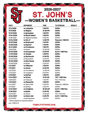 St. John's Red Storm Women's Basketball 2026-27 Printable Schedule - Central Times