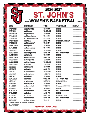 St. John's Red Storm Women's Basketball 2026-27 Printable Schedule - Pacific Times