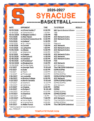 Syracuse Orange Basketball 2026-27 Printable Schedule - Central Times