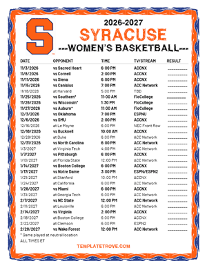 2025-26 Printable Syracuse Orange Women's Basketball Schedule