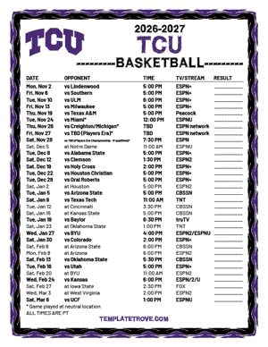TCU Horned Frogs Basketball 2026-27 Printable Schedule - Pacific Times