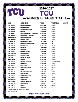 TCU Horned Frogs Women's Basketball 2026-27 Printable Schedule - Central Times