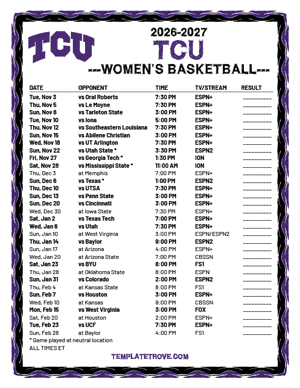 2024-25 Printable TCU Horned Frogs Women's Basketball Schedule