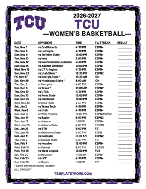 TCU Horned Frogs Women's Basketball 2026-27 Printable Schedule - Pacific Times