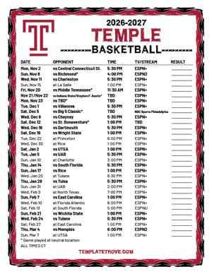 Temple Owls Basketball 2026-27 Printable Schedule - Central Times
