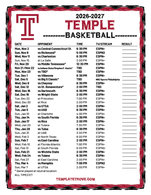 2024-25 Printable Temple Owls Basketball Schedule