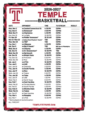 Temple Owls Basketball 2026-27 Printable Schedule - Mountain Times