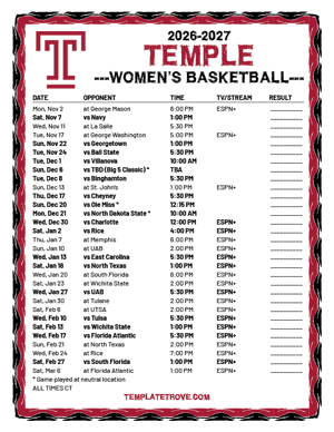 Temple Owls women's basketball 2026-27 Printable Schedule - Central Times