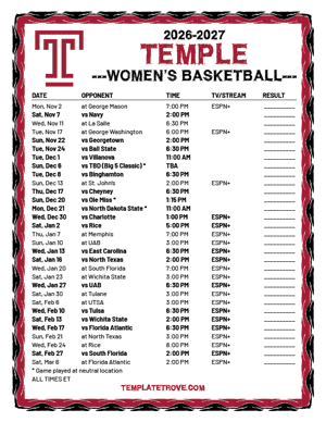 2024-25 Printable Temple Owls Women's Basketball Schedule