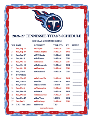 Tennessee Titans 2026-27
Printable Schedule - Pacific Times