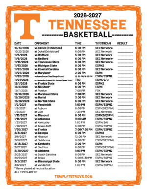 Tennessee Volunteers Basketball 2026-27 Printable Schedule - Central Times