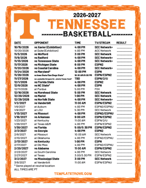 Tennessee Volunteers Basketball 2026-27 Printable Schedule - Pacific Times