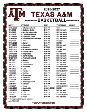 2024-25 Printable Texas A&M Aggies Basketball Schedule