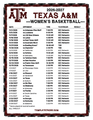 Texas A&M Aggies women's basketball 2026-27 Printable Schedule - Central Times