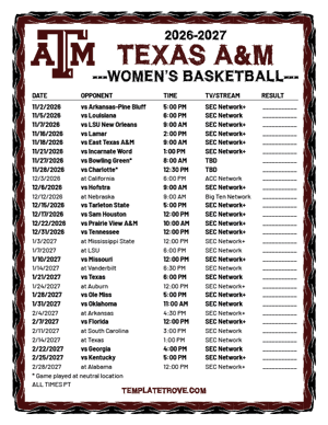 Texas A&M Aggies women's basketball 2026-27 Printable Schedule - Pacific Times