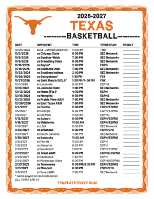 Texas Longhorns Basketball 2026-27 Printable Schedule - Central Times