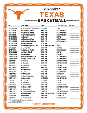 2024-25 Printable Texas Longhorns Basketball Schedule