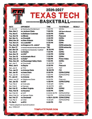 2024-25 Printable Texas Tech Red Raiders Basketball Schedule