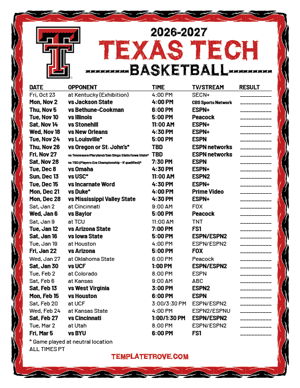 Texas Tech Red Raiders Basketball 2026-27 Printable Schedule - Pacific Times