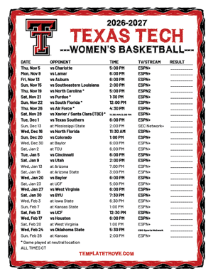 Texas Tech Red Raiders Women's Basketball 2026-27 Printable Schedule - Central Times