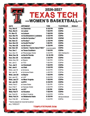 2024-25 Printable Texas Tech Red Raiders Women's Basketball Schedule
