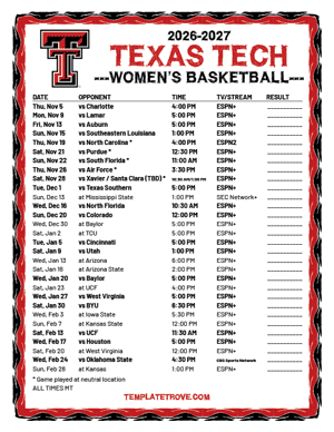 Texas Tech Red Raiders Women's Basketball 2026-27 Printable Schedule - Mountain Times