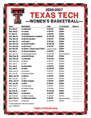 Texas Tech Red Raiders Women's Basketball 2026-27 Printable Schedule - Pacific Times