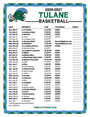 Tulane Green Wave Basketball 2026-27 Printable Schedule - Mountain Times