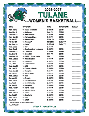 2024-25 Printable Tulane Green Wave Women's Basketball Schedule