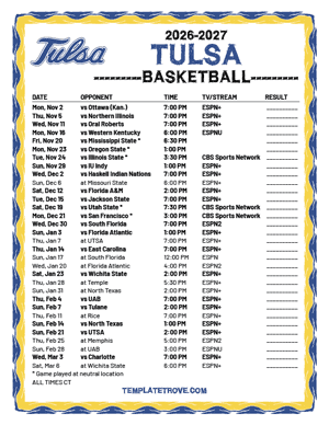 Tulsa Golden Hurricane Basketball 2026-27 Printable Schedule - Central Times