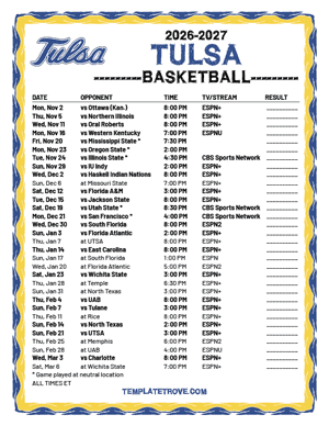 2024-25 Printable Tulsa Golden Hurricane Basketball Schedule