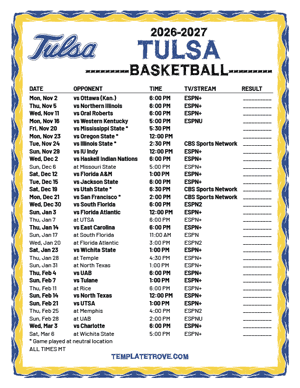 Tulsa Golden Hurricane Basketball 2026-27 Printable Schedule - Mountain Times