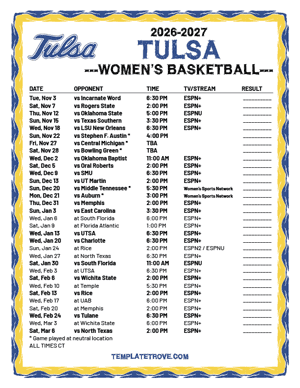Tulsa Golden Hurricane women's basketball 2026-27 Printable Schedule - Central Times